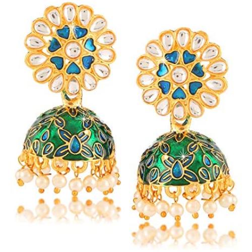 Exclusive Design Latest Meenakari Workmanship Indian BollyWood Stylish Gold Plated Traditional Party ware Ethnic Jhumka/Jhumki Earrings Indian Traditional Jewelry for Women From Yellow Chimes