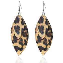 Yeitur Layered Leather Earrings Leopard Print Petal Multilayer Structure Design Statement Dangle Drop Earrings For Women Girls Fashion Earrings