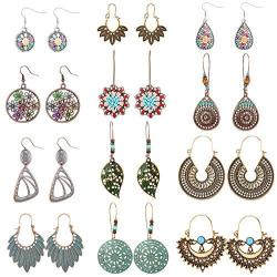 Hanpabum 12 Pairs Boho Earrings for Women Vintage Drop Dangle Earrings Bohemian Colorful Retro Statement Earrings Set