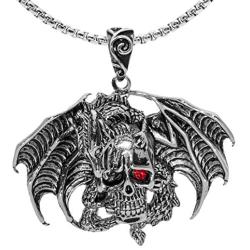 Dragon Necklace for Men, Gothic Flying Dragon Wings Skull Necklace, Red Eye Skull Pendant Necklace with 23.6” Chain, Crystal Skull Head Necklace, Punk Hip Hop Necklace Jewelry Gift for Men Boys