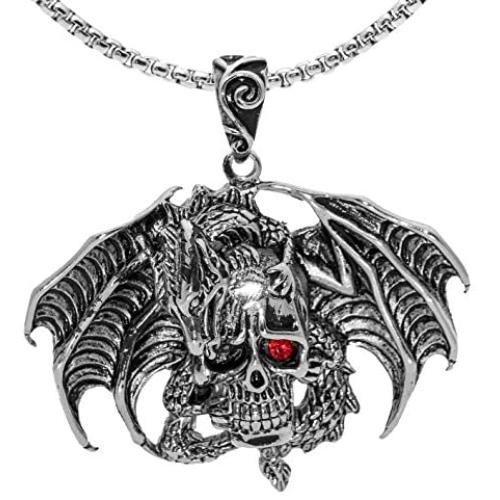 Dragon Necklace for Men, Gothic Flying Dragon Wings Skull Necklace, Red Eye Skull Pendant Necklace with 23.6” Chain, Crystal Skull Head Necklace, Punk Hip Hop Necklace Jewelry Gift for Men Boys