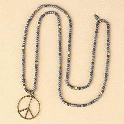 KELITCH Peace Sign Pendant Necklace for Women Men Hand Knotted Crystal Beaded Long Strand Necklace Handmade Gift