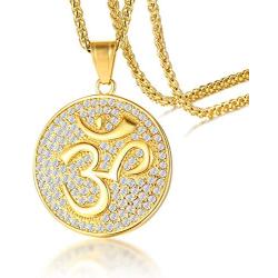 Cupimatch Gold Plated CZ Om Aum Ohm Symbol Pendant Necklace Chain, Mens Stainless Steel Buddha Yoga Round Medallion Charm Pendant Necklace Jewelry 24''