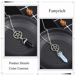 Funyrich Boho Crystal Necklace Silver Wiccan Pentagram Necklaces Chain Hexagonal Gemstone Penant Necklace Jewelry for Women and Girls (Light Blue)