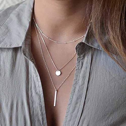 Jeweky Layered Sequin Necklaces Silver Beaded Choker Necklace Bar Pendant Chain Adjustable Jewelry for Women and Girls
