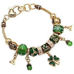 Rosemarie Collections Womens St. Patricks Day Irish Shamrock Claddagh Glass Bead Charm Bracelet, 7-8'' with 1'' Extender