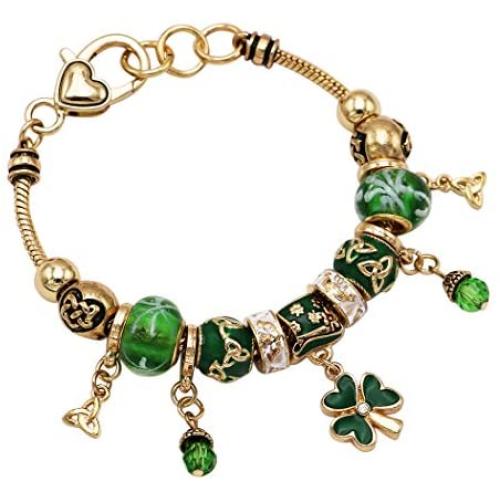Rosemarie Collections Womens St. Patricks Day Irish Shamrock Claddagh Glass Bead Charm Bracelet, 7-8'' with 1'' Extender