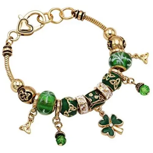 Rosemarie Collections Womens St. Patricks Day Irish Shamrock Claddagh Glass Bead Charm Bracelet, 7-8'' with 1'' Extender Rosemarie Collections Womens St. Patricks Day Irish Shamrock Claddagh Glass Bead Charm Bracelet, 7-8'' with 1'' Extender