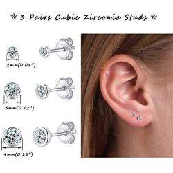 Silver Stud Earrings for Women, 3 Pairs Cubic Zirconia Studs Cartilage Earrings Set Hypoallergenic Tragus Sleeper Earrings Piercing Jewelry for Men, Girls, 2/3/4mm