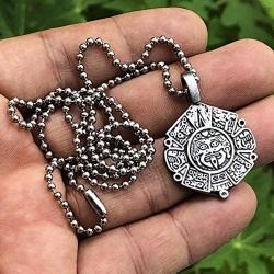 Tribal Jewelry Maya Mayan Calendar Aztec Inca Alaskan Native American Indian Mexican Peruvian Pewter Mens Pendant Necklace Good Luck Charm Protection Amulet for men unisex w Silver Ball Chain