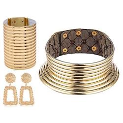African National Style Choker，Three-piece Bib Necklace，Leather Neck Choker For Woman，Three-piece(Chokes, Bracelets, Earrings)