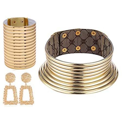 African National Style Choker，Three-piece Bib Necklace，Leather Neck Choker For Woman，Three-piece(Chokes, Bracelets, Earrings)