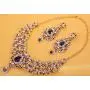 Touchstone Indian Bollywood Traditional Floral Theme White Rhinestone and Blue Faux Sapphire Bridal Designer Jewelry Necklace Set for Women in Antique Gold Tone