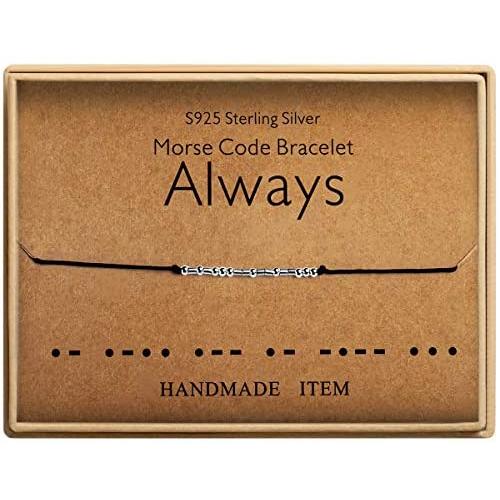 Morse Code Always Forever Bracelet 925 Sterling Silver Handmade Bead Adjustable String Bracelets Inspirational Jewelry for Women