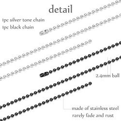 ORAZIO 2PCS Stainless Steel Military Dog Tag Ball Chain Necklace for Men Women 2.4mm Bead Chain Set with Connector Silver Tone Black 20-30 Inches