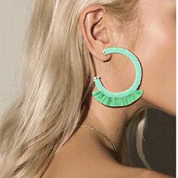 Sllaiss Summer Beaded Raffia Statement Earrings for Women Fashion Jewelry Handmade Bohemian Drop Dangle Earrings Big Circle Hoop Colorful