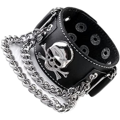 Jovivi Punk Leather Cuff Bracelet Skull Design Bracelet Wristband Adjustable Size 7 to 8 Inches Include a Pouch