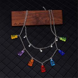 N/Q Layered Punk Gothic Resin Gummy Cartoon Bear Link Chain Pendant Necklace Colorful Rock Hip Hop Transparent Animal Choker Necklace for Women Girls Party Jewelry Gift