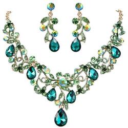 BriLove Womens Bohemian Boho Crystal Filigree Vine Leaf Hollow Enamel Statement Necklace Dangle Earrings Set