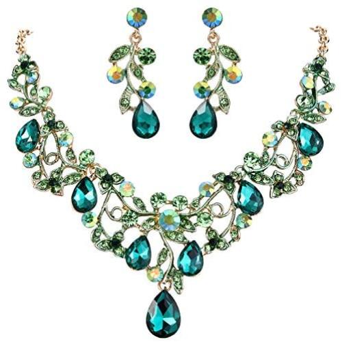 BriLove Womens Bohemian Boho Crystal Filigree Vine Leaf Hollow Enamel Statement Necklace Dangle Earrings Set