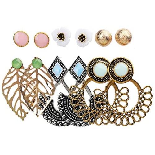 ZRosse 6 Piars Bohemian Leaf Flower Pearl Crystal Earrings Set Fashion Retro Zircon Crystal Charm Ear Studs for Women and Girls