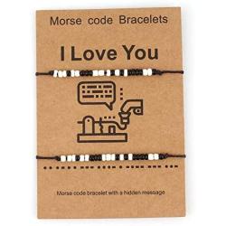 HAPPYAN Morse Code Bracelet Couples Matching Bracelets Stainless Steel Glass Seeds Beads on Silk Cord Secret Message I Love You Bracelet Gift Jewelry for Her