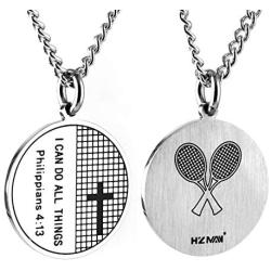 HZMAN Tennis Racket Medal Necklace Pendant, I CAN DO All Things Strength Bible Verse Stainless Steel Chain