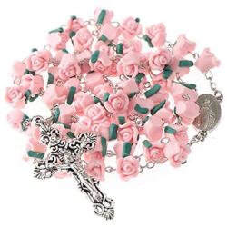 YWLI Rosary Beads Catholic - 6 Color, Confirmation Gifts for Teenage Girl, Polymer Clay Rose Necklace Jewelry, Silver Alloy Cross Necklace for Women, Gifts for Women