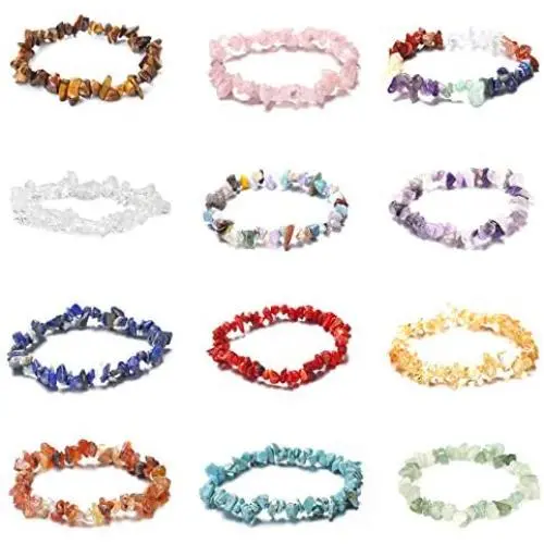 Natural Gemstone Chakra Crystal Healing Chip Gemstone Stretch Bracelets Tumble Polished Align Chakras/Conquer Fear/Increase Communication Reiki