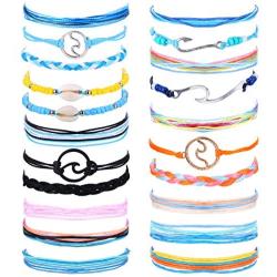 CASSIECA 18-21 Pcs Beach Surfer Strand Wave Bracelet for Women Men Wax Wrap Rope Bracelet Anklet Set Adjustable Friendship Handcrafted Waterproof