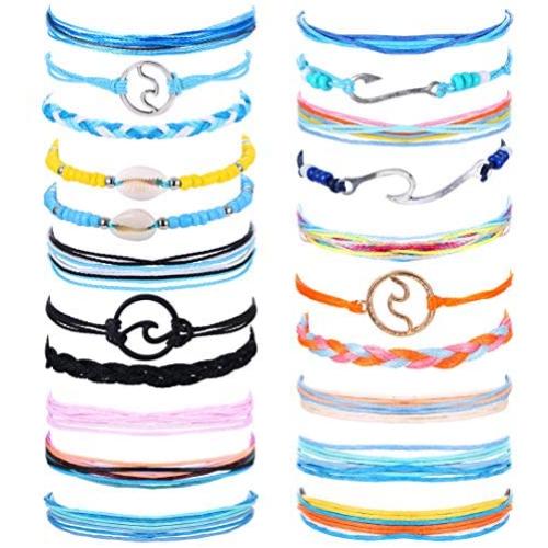 CASSIECA 18-21 Pcs Beach Surfer Strand Wave Bracelet for Women Men Wax Wrap Rope Bracelet Anklet Set Adjustable Friendship Handcrafted Waterproof