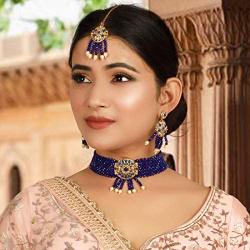 MUCH-MORE Traditional Ruby Beads Chick Choker Necklace Set with Earring & Tikka Women for Girls/Women
