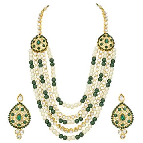 Aheli Exquisite Multi Strand Faux Kundan Beads Pearl Necklace Earrings Set Indian Ethnic Wedding Traditional Jewelry for Women