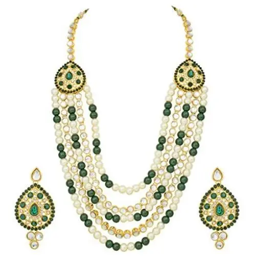 Aheli Exquisite Multi Strand Faux Kundan Beads Pearl Necklace Earrings Set Indian Ethnic Wedding Traditional Jewelry for Women Aheli Exquisite Multi Strand Faux Kundan Beads Pearl Necklace Earrings Set Indian Ethnic Wedding Traditional Jewelry for Women