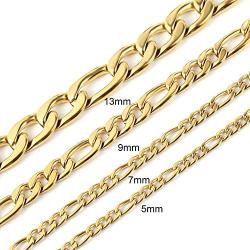 HZMAN Men Women 24k Real Gold Plated Figaro Chain Stainless Steel Necklace, Wide 5mm 7mm 9mm 13mm