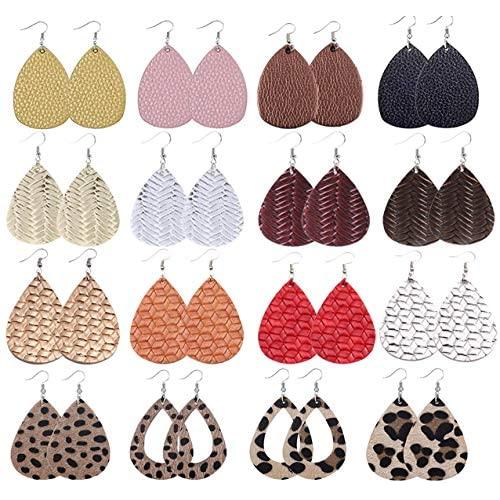 16 Pairs Leather Tear Drop Earrings Faux Lightweight Teardrop Dangle Handmade Earrings Set for Women Girl as Jewelry Gift