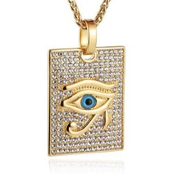 HZMAN 18k Gold Plated Iced Out Eye of Horus Egypt Protection Cross Dog Tag Pendant Stainless steel Necklace