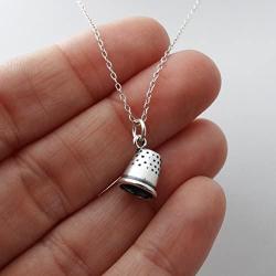 Sterling Silver Small 3D Sewing Thimble Charm Necklace, 18'' Chain