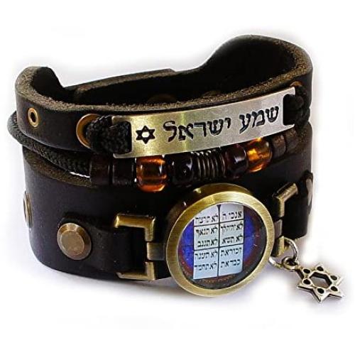 Lost Tribe Designs Hebrew Biblical Ten Commandments Bracelet with Shema Yisrael, Star of David and Beads