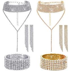 Yaomiao 2 Sets Women Rhinestone Crystal Jewelry Set Glitter Rhinestone Stretch Bracelet Necklace Dangle Fringe Earrings