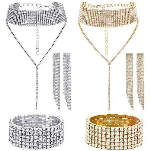 Yaomiao 2 Sets Women Rhinestone Crystal Jewelry Set Glitter Rhinestone Stretch Bracelet Necklace Dangle Fringe Earrings