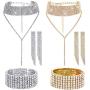 Yaomiao 2 Sets Women Rhinestone Crystal Jewelry Set Glitter Rhinestone Stretch Bracelet Necklace Dangle Fringe Earrings