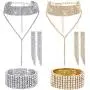 Yaomiao 2 Sets Women Rhinestone Crystal Jewelry Set Glitter Rhinestone Stretch Bracelet Necklace Dangle Fringe Earrings