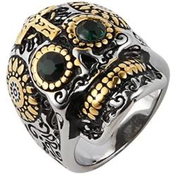 HZMAN Biker Cool Sugar Skull Rings for Men Women, Ruby Eyes Stainless Steel Day of The Dead Gothic Cross Jewelry