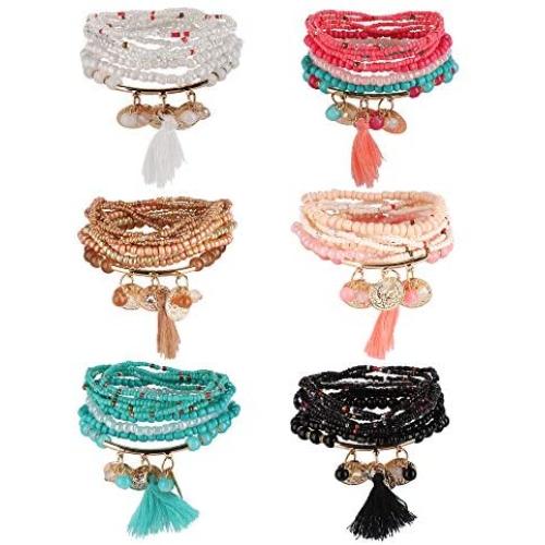 Thunaraz 4-6Pcs Multi Layered Beaded Bracelets for Women Stackable Bracelet Sets Bohemian Tassel Charm Bangle Coin Pendant Christmas Valentine Colorful Women Jewelry Set