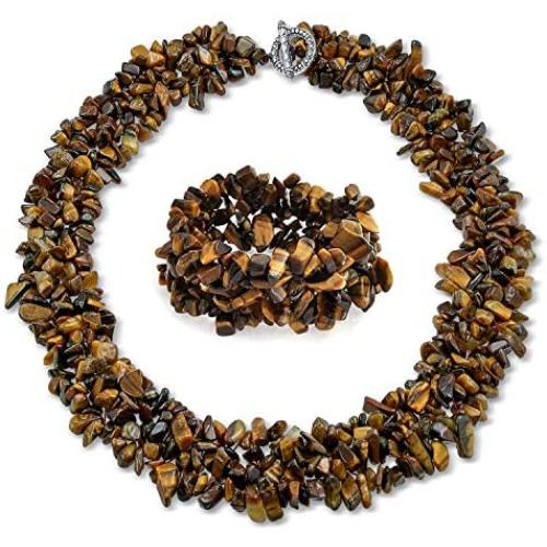 Large Wide Color Gemstone Chips Cluster Multi Strand Statement Bib Collar Necklace Stretch Bracelet Bangle Cuff Jewelry Set for Women