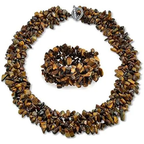 Large Wide Color Gemstone Chips Cluster Multi Strand Statement Bib Collar Necklace Stretch Bracelet Bangle Cuff Jewelry Set for Women
