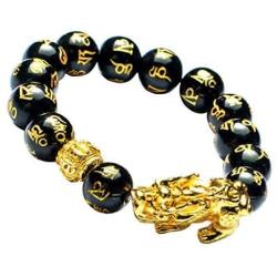 Feng Shui 14mm Black Hand Carved Mantra Beads Bracelet with 1 Golden Pi Xiu/Pi Yao and 1 Golden Mantra Bead Attract Lucky Wealthy