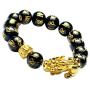 Feng Shui 14mm Black Hand Carved Mantra Beads Bracelet with 1 Golden Pi Xiu/Pi Yao and 1 Golden Mantra Bead Attract Lucky Wealthy