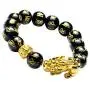 Feng Shui 14mm Black Hand Carved Mantra Beads Bracelet with 1 Golden Pi Xiu/Pi Yao and 1 Golden Mantra Bead Attract Lucky Wealthy
